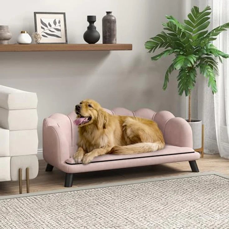 PawHut Hundesofa Hundecouch, Rosa, Waschbarer Bezug, mit Rückenlehne und Holzbeine, für mittelgroße Hunde unter 25 kg – Bild 2