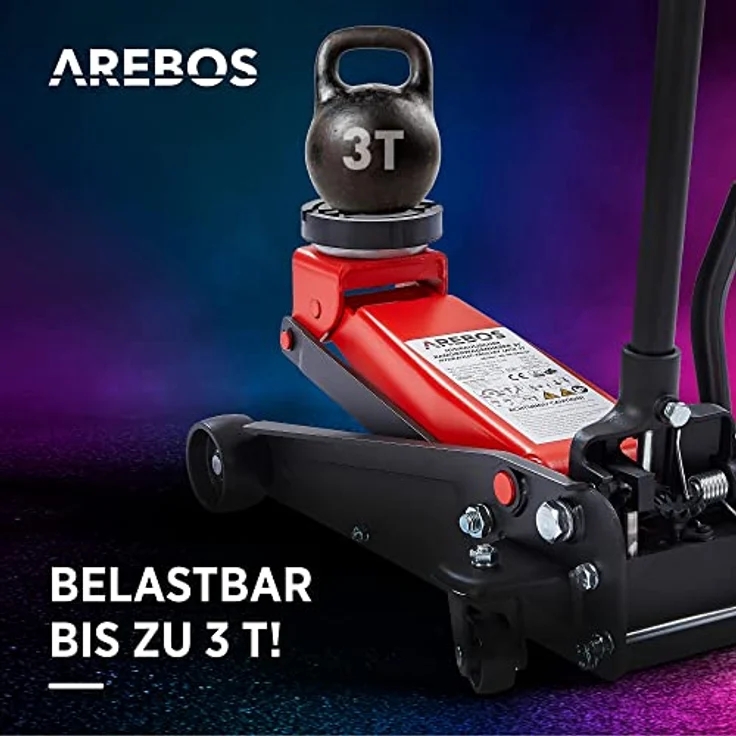 AREBOS 3T Hydraulischer Rangierwagenheber mit integriertem Fußpedal, Unterfahrhöhe 130-508 mm, inkl. 2 Gummi-Auflagen, 360° Rollen – Bild 4