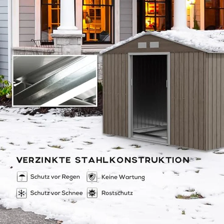Outsunny Gerätehaus 4,9 m², Gartenhaus mit Pultdach, Schiebetür, Fundament, 277 x 195 x 192 cm, Verzinkter Stahl, wetterfest, Hellbraun – Bild 3