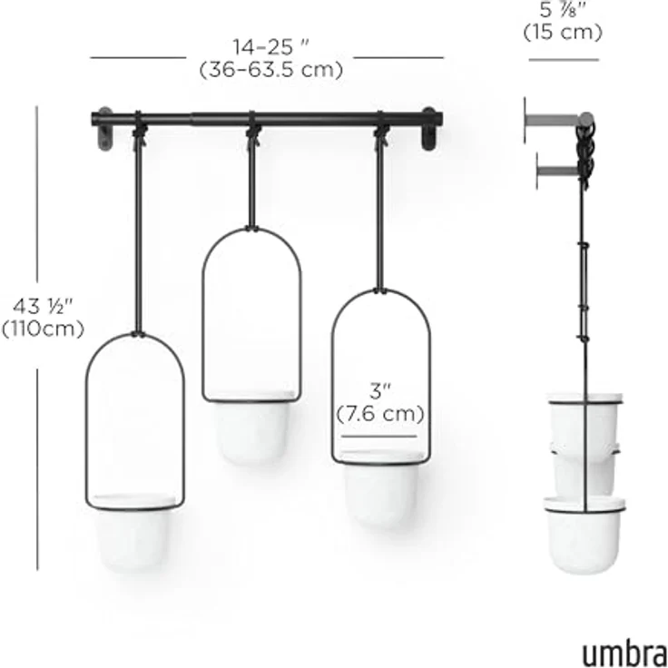 Umbra Triflora Vase, Hängeblumentopf, Wandvase, Blumenampel für Wand-und Deckenanbrinung, Melamin, Metall, Weiss-Schwarz, 3er-Set – Bild 3