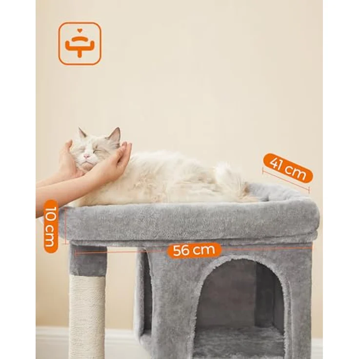 Feandrea Kratzbaum, 84 cm Katzenbaum, L, Katzenhaus für große Katzen bis zu 7 kg, große Plattform, 2 Katzenhöhlen, Sisalstämme, hellgrau PCT61W – Bild 4