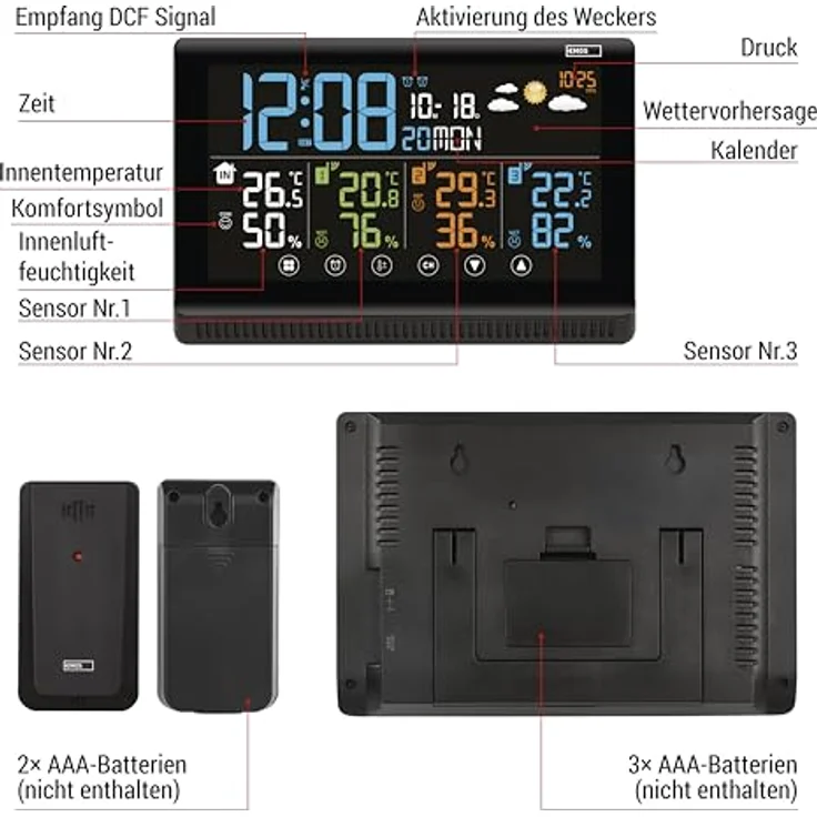 Emos Drahtlose Wetterstation E8614, Farbdisplay mit DCF-Funkuhr, Temperaturmessung von -40 °C bis +70 °C, erweiterbar mit 3 Sensoren, USB-A Stromausgang – Bild 4