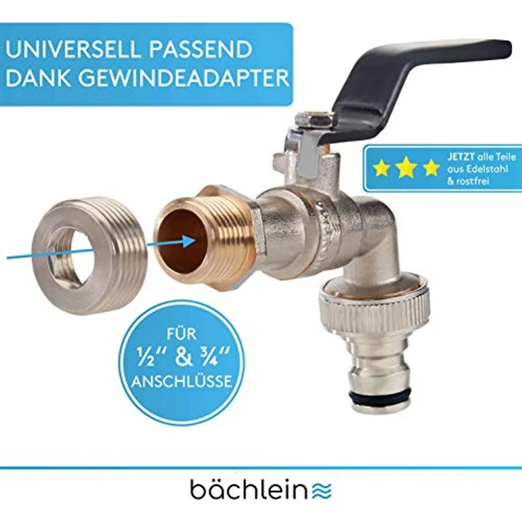Bächlein Universal Wasserhahn für den Garten [anthrazit] inkl. 2 Schlauchanschlüssen - edler Kugelhahn mit 1/2 und 3/4 Zoll Anschluss, Auslaufhahn aussen – Bild 2