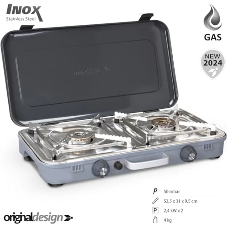 Brunner Devil Kookmaster, 2-flammiger Gaskocher mit piezoelektrischer Zündung und Edelstahl-Kochfläche – Bild 2