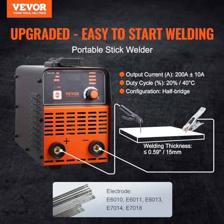 VEVOR MMA-200-NA 220 V Schweißgerät, 160 A Lichtbogenschweiß-/Lift-WIG-Gerät mit LED-Display, tragbares 2-in-1-Gerät mit Hot Start und Anti-Stick-Funktion – Bild 2