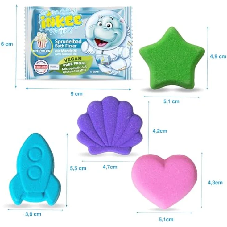 INKEE Bath Fizzer Mix, 4er Pack Kinder Badebomben mit Mandelöl, 4x 20g in Pinkem Herz, Lila Muschel, Grünem Stern und Blauer Rakete mit verschiedenen Aromen – Bild 5