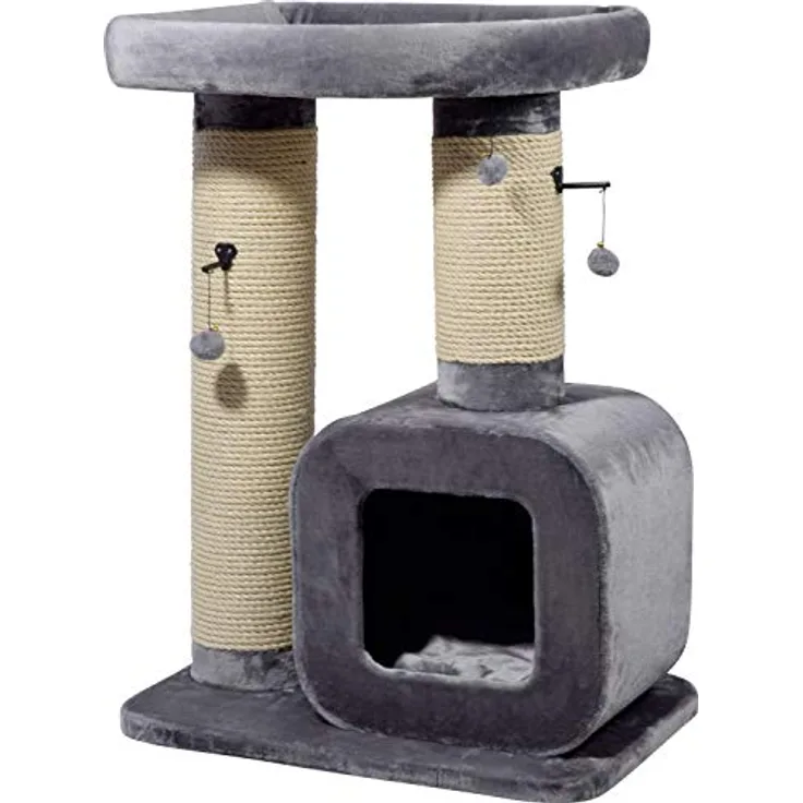 dobar Großer Design-Kratzbaum Sylvester mit Spielball, Katzenmöbel mit Katzenhöhle und großer Liegefläche, 78 x 58 x 114 cm, grau
