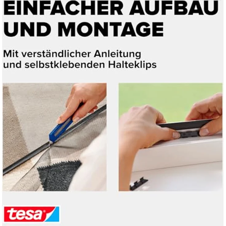 tesa Insect Stop mit Anklipsrahmen, Fliegenschutznetz 120 x 240 cm, schwarz, hohe UV-Beständigkeit, einfaches Anbringen mit Klips-Mechanismus – Bild 4