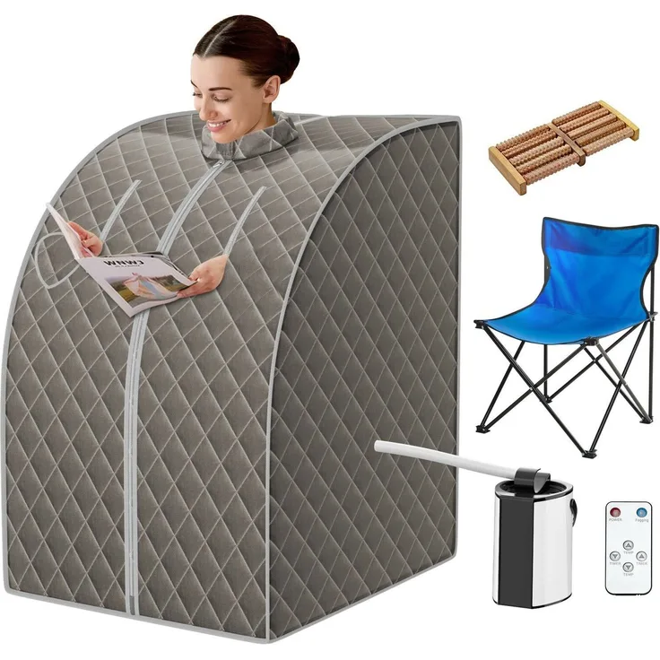 GOPLUS Mini-Dampfsauna, Mobile Heimsauna mit 3L Dampfer, 1000 W, 9 Temperatureinstellungen, Timer bis 90 Min., Grau