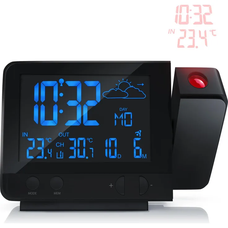 Bearware Funkwetterstation, Wetterstation mit Projektionsanzeige, Innen- und Außentemperaturanzeige, Wettervorhersage, USB-Port, Schwarz