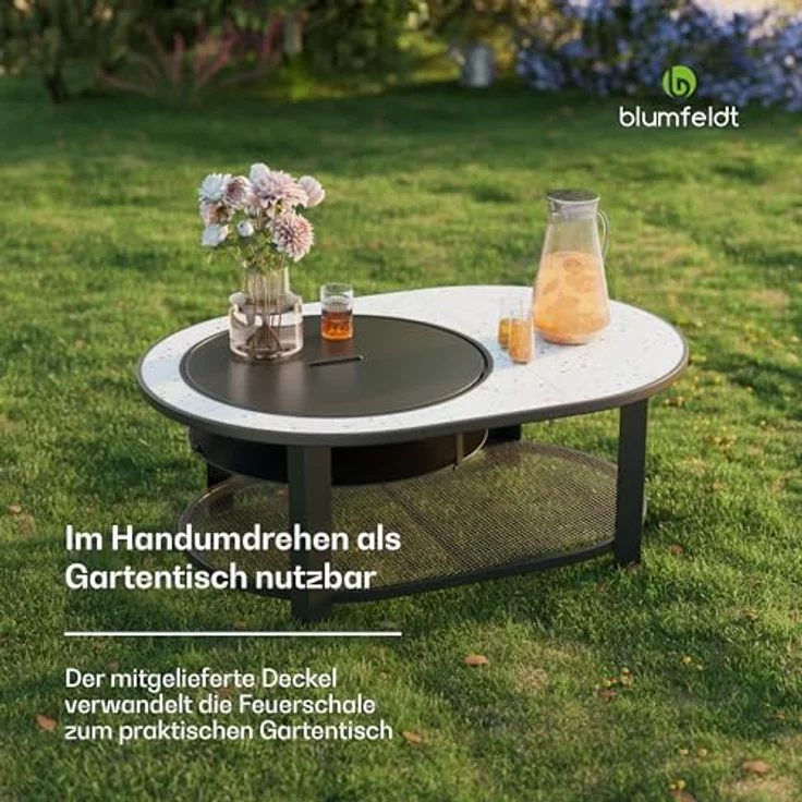 Blumfeldt Merano Circolo L Feuerschale, 3-in-1 mit Grillrost & Terrazzo-Tischplatte, robuster Stahlrahmen, inkl. Funkenschutz & Schürhaken, für Garten & Terrasse – Bild 4