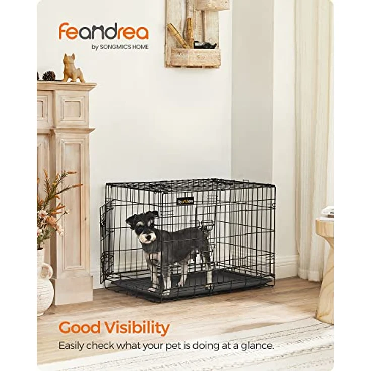 Feandrea Hundekäfig, klappbar, mit 2 Türen, ausziehbare Kunststoffschale, 77,5 x 48,5 x 55,5 cm, M, schwarz PPD30H – Bild 2