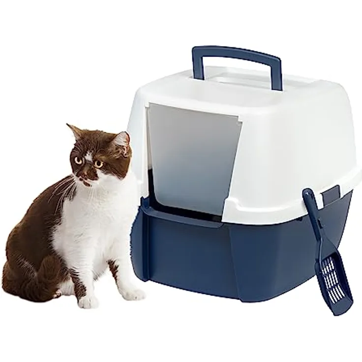 IRIS USA Jumbo geschlossene Katzentoilette mit Vordertürklappe und Schaufel, Katzentoilette mit Kapuze und leicht zugänglichem Griff und Schnallen für Tragbarkeit und Privatsphäre, Marineblau/Weiß