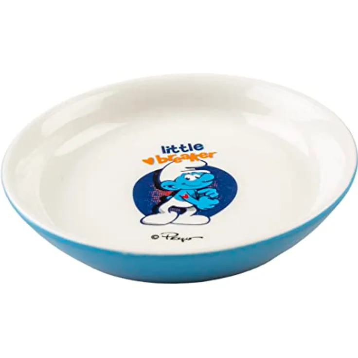 Smurfs duvoplus, Les Schlümpfe Costaud Futternapf, niedrig, 14,2 x 14,2 x 2,5 cm, hochwertige glasierte Keramik, robust und stabil, für Nassfutter, Trockenfutter und Wasser, spülmaschinenfest
