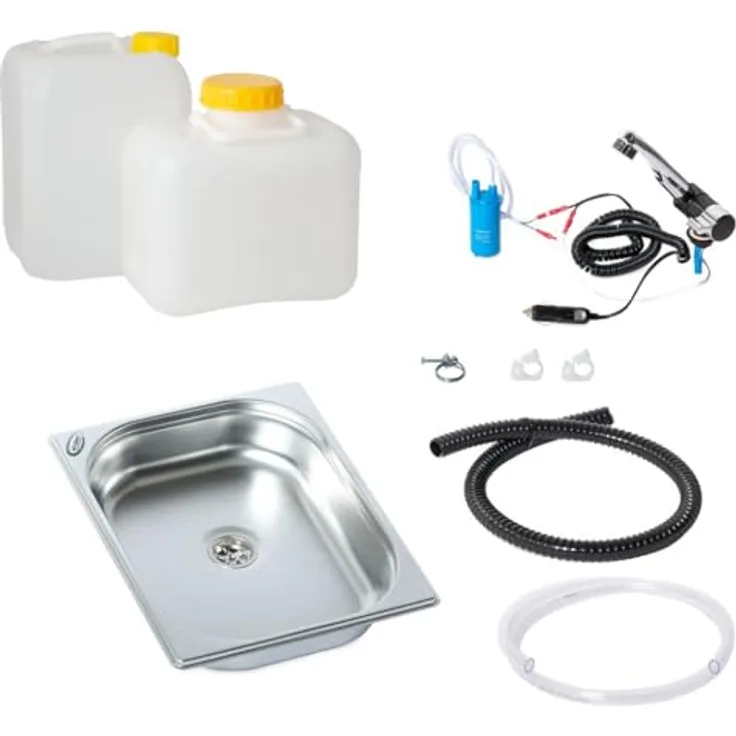 ad-ideen Waschbecken 12V Camping Spüle, Rund 28 cm Bausatz mit integriertem Wasserhahn und 12V Tauchpumpe