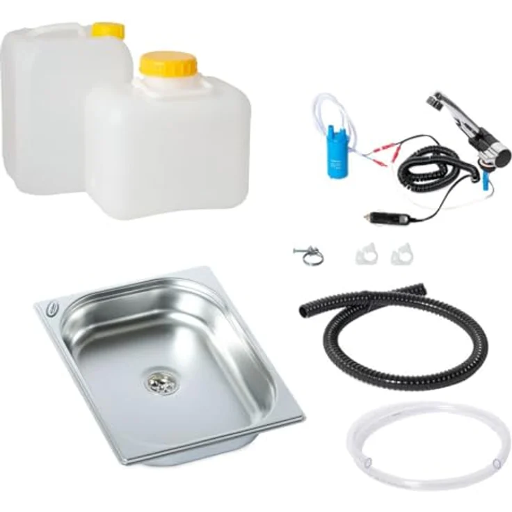 ad-ideen Waschbecken 12V Camping Spüle, Rund 28 cm Bausatz mit integriertem Wasserhahn und 12V Tauchpumpe – Bild 1