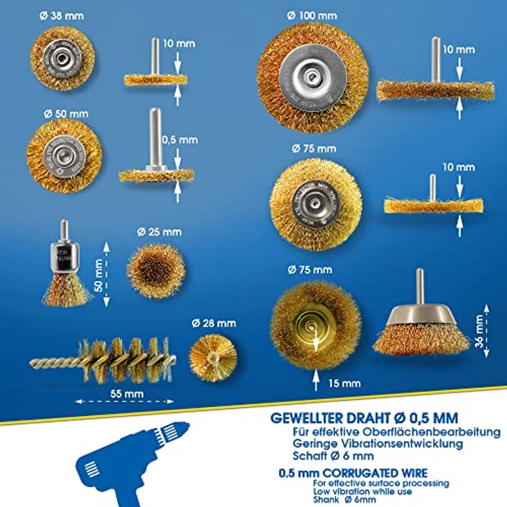 S&R Drahtbürsten Set 7-teilig, Stahldraht vermessingt, Rundschaft 6mm, Scheibenbürsten 38-100 mm, Topfbürste 75 mm, Pinselbürste 25 mm, Rohrbürste – Bild 2