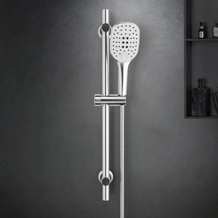 JOHO Edelstahl Duschstange 70 cm, Chrom Duschbrauseset mit Handbrause und 3 Strahlarten, inklusive 150 cm Schlauch und höhenverstellbarer Halterung – Bild 2