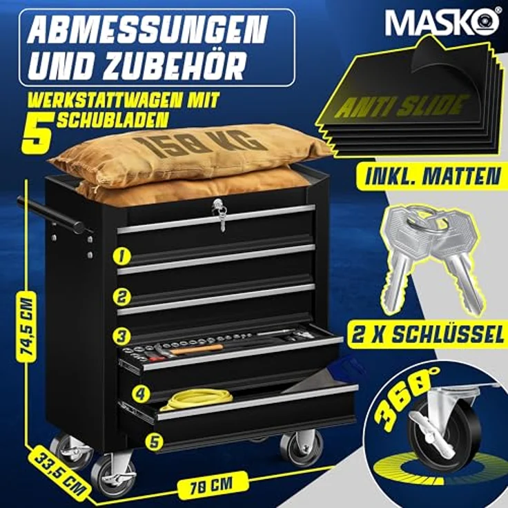 MASKO Werkstattwagen, 5 Fächer schwarz, Rollwagen mit Anti-Rutschbeschichtung, abschließbare Fächer, 26 kg – Bild 3