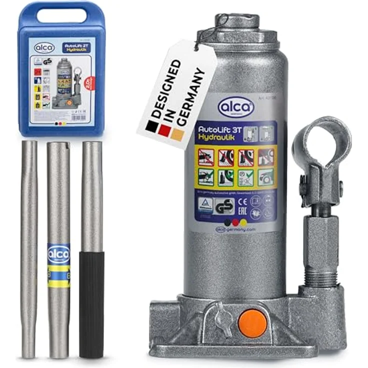 alca® hydraulischer Wagenheber 3t, Stempelwagenheber aus Stahl, Hubhöhe 195–380 mm, im Koffer, für PKW, SUV und Transporter, silber – Bild 1