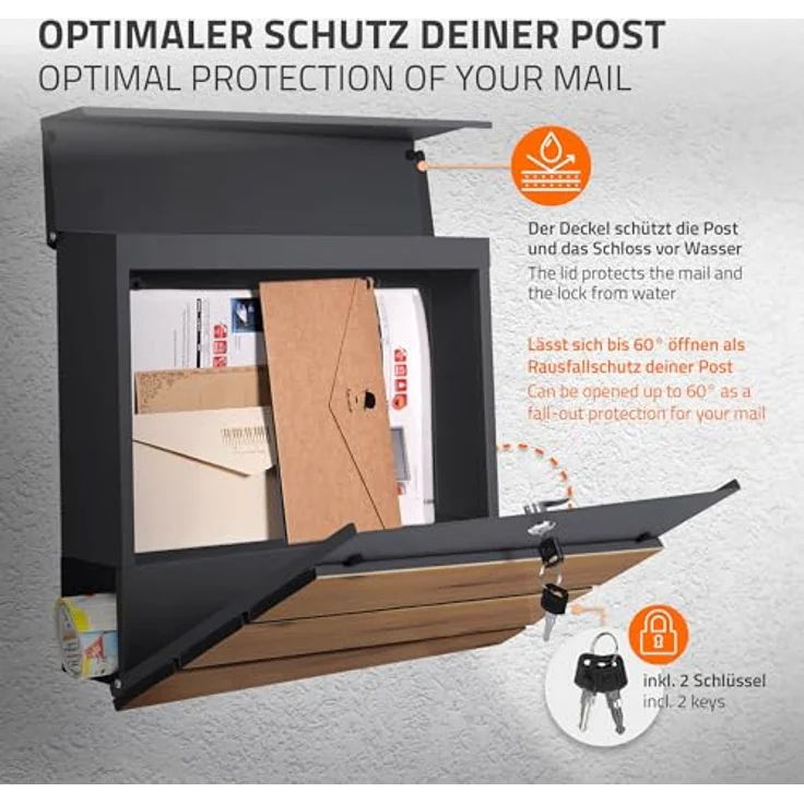 Briefkasten 37x36,5x11 cm Anthrazit-Holzoptik aus Stahl ML-Design – Bild 3