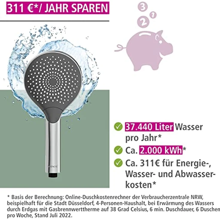 WENKO Wasserspar Duschkopf Watersaving, wassersparende Universal-Handbrause, Duschbrause mit nachhaltigem Wasserspar-System, 40% Wasser sparen bei vollem Komfort, Duschkopf Ø 12 cm, ABS verchromt – Bild 3