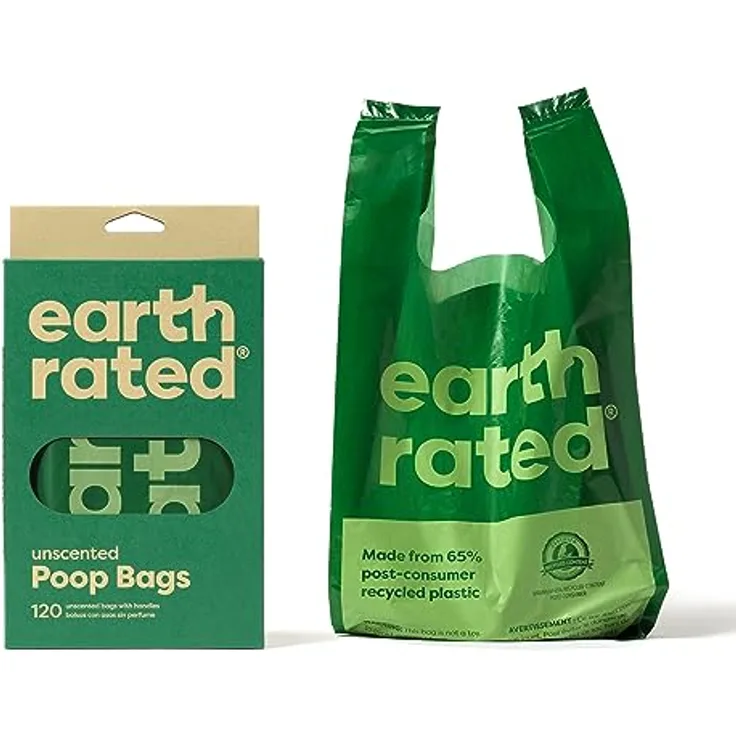 Earth Rated Hundekotbeutel, neues aussehen, mit Henkeln, leicht zu verknoten und garantiert auslaufsicher, unparfümiert, 120 Henkelbeutel
