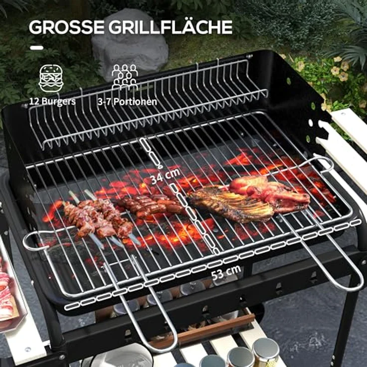 Outsunny Holzkohlegrill aus Metall BBQ Smoker mit Räder, höhenverstellbar Grillrost, Holzablage, 103x47x95 cm – Bild 3