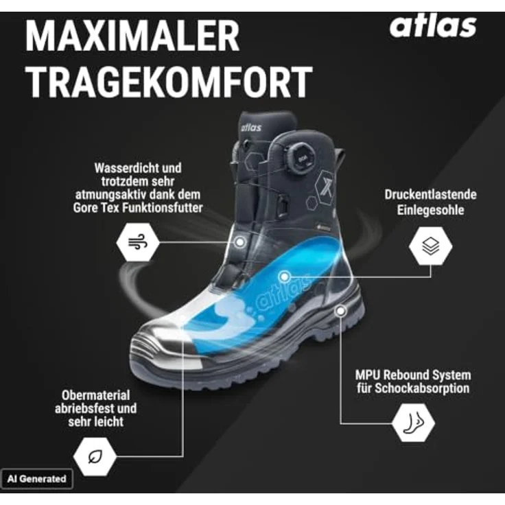 ATLAS XT 1050 BOA GTX Sicherheitsstiefel, Gr. 45, S3 SRC, metallfreie Durchtritthemmung, Gore-Tex, schwarz/anthrazit – Bild 3