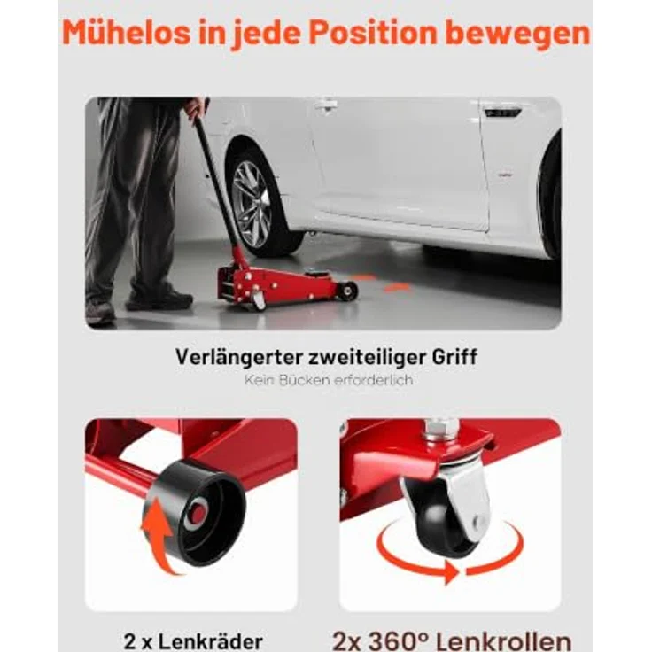 VEVOR Hydraulischer Rangierwagenheber 3 t, Flacher Stahlwagenheber mit Einkolben-Schnellhubpumpe und 13–50 cm Hubbereich, Rennwagenheber in Rot – Bild 5