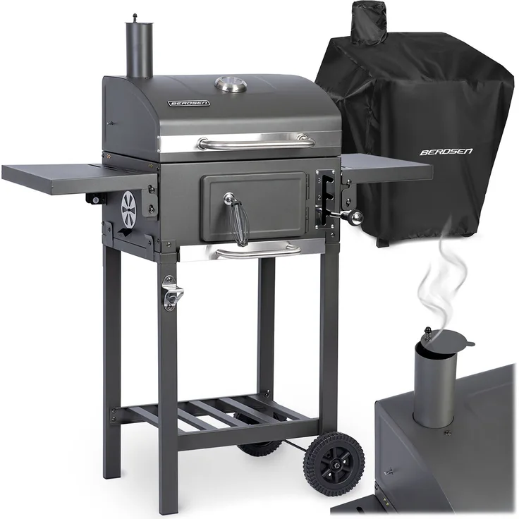 Berdsen BD-892, schwarzer Holzkohlegrill mit wasserdichter Abdeckung, integriertem Thermometer und zwei Grillrosten aus Gusseisen