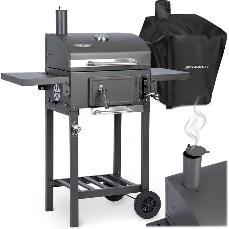Berdsen BD-892, schwarzer Holzkohlegrill mit wasserdichter Abdeckung, integriertem Thermometer und zwei Grillrosten aus Gusseisen
