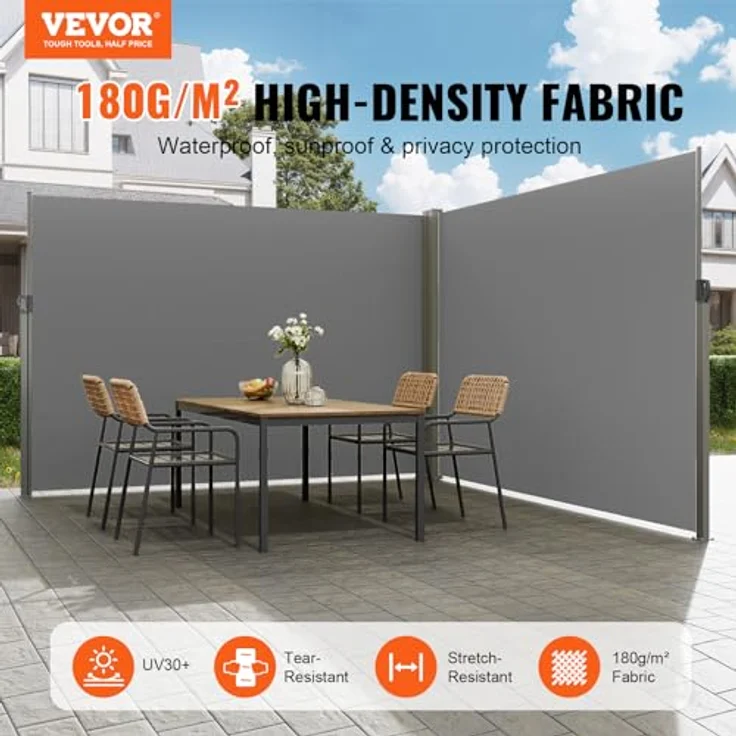 VEVOR Seitenmarkise 200 x 600 cm, Seitenwandmarkise aus 180 g/m² Polyestergewebe mit PU-Beschichtung, einziehbarer Griff mit Federmechanismus, Sichtschutz für Balkone und Innenhöfe, Grau – Bild 2