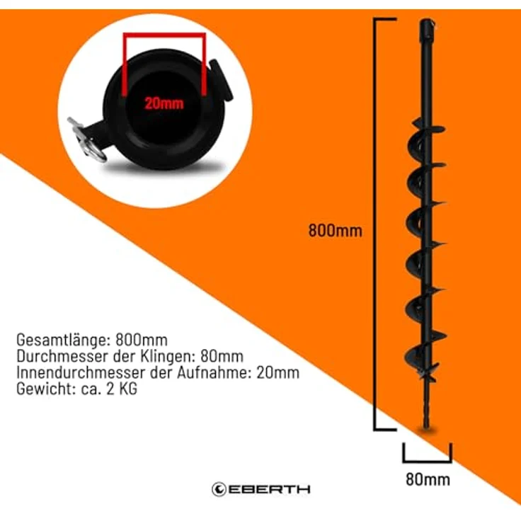 EBERTH Erdbohrer Gartenschnecke, 80 mm Durchmesser, 800 mm Länge, Aufnahme 20 mm, schwarz lackiert – Bild 4