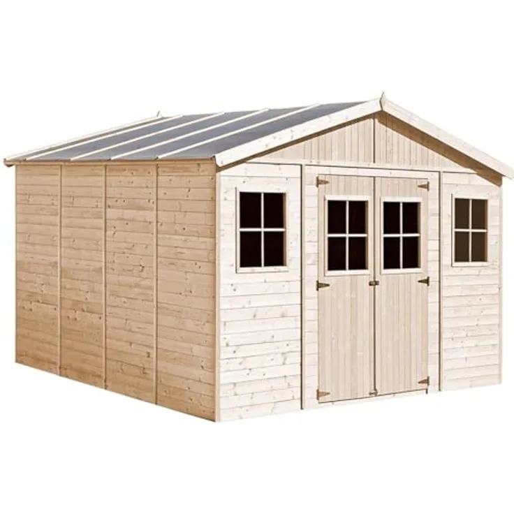 Holz Gartenschuppen MIT IMPRÄGNIERTEM Boden - Abstellkammer mit Fenstern - H246 x 418 x 420 cm/ 16 m² Naturholz-Shiplap-Schuppen - Gartenwerkstatt - Fahrrad- Geräteschuppen TIMBELA M330+330G