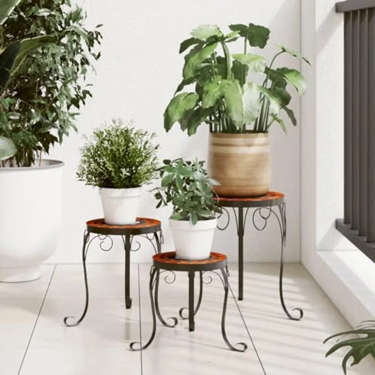 vidaXL Blumenständer, Pflanzenständer 3 Stk. Terrakottarot und Weiß Keramik - Mediterranes Design, pulverbeschichtetes Eisen, robust und stabil – Bild 2