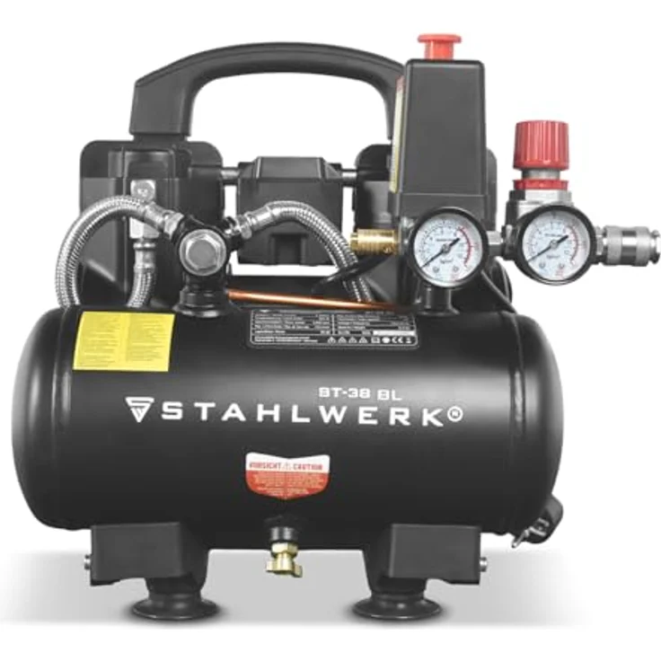 STAHLWERK Kompressor ST-38 BL, ölfreier 8 bar Druckluftkompressor mit 1,22 PS, 3 L Kesselinhalt und 170 l/min Luftdurchsatz, leise mit 65 dB – Bild 9