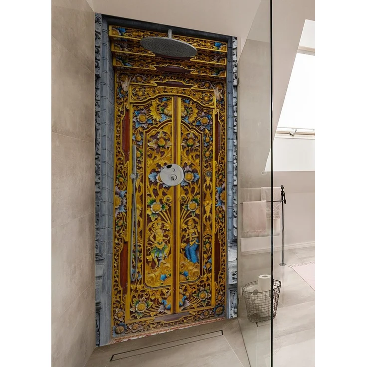 Wallario Duschrückwand Bunte buddhistische Tempeltür, (1-tlg) - Hochwertige Duschrückwand in buntem Design