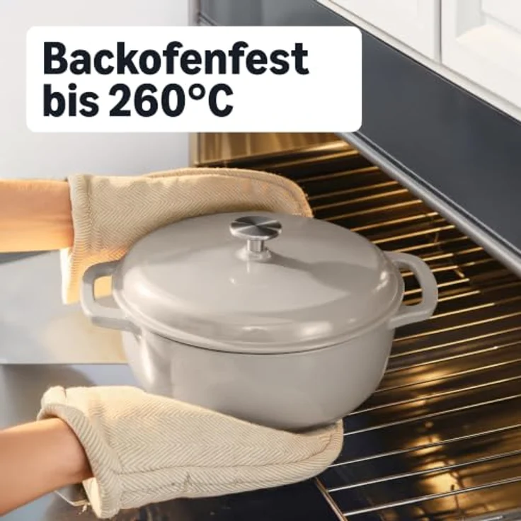 Amazon Basics Schmortopf Rund, emailliertes Gusseisen mit Deckel, 5,7 L, gleichmäßige Wärmeverteilung, leinengrau – Bild 4