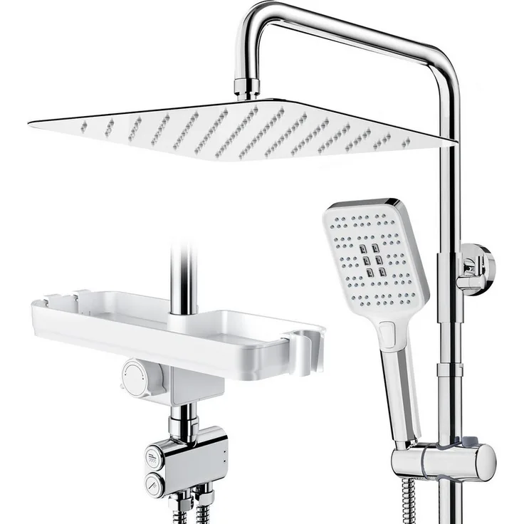 Rainsworth Duschsystem ohne Wasserhahn, Chrom – 30 x 30 cm Eck-Regendusche und Duschkopf mit 3 Strahlarten, mit Messing-Umsteller, Duschsäulen-Set mit Ablage