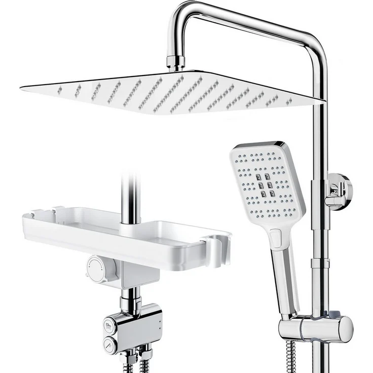 Rainsworth Duschsystem ohne Wasserhahn, Chrom – 30 x 30 cm Eck-Regendusche und Duschkopf mit 3 Strahlarten, mit Messing-Umsteller, Duschsäulen-Set mit Ablage – Bild 1