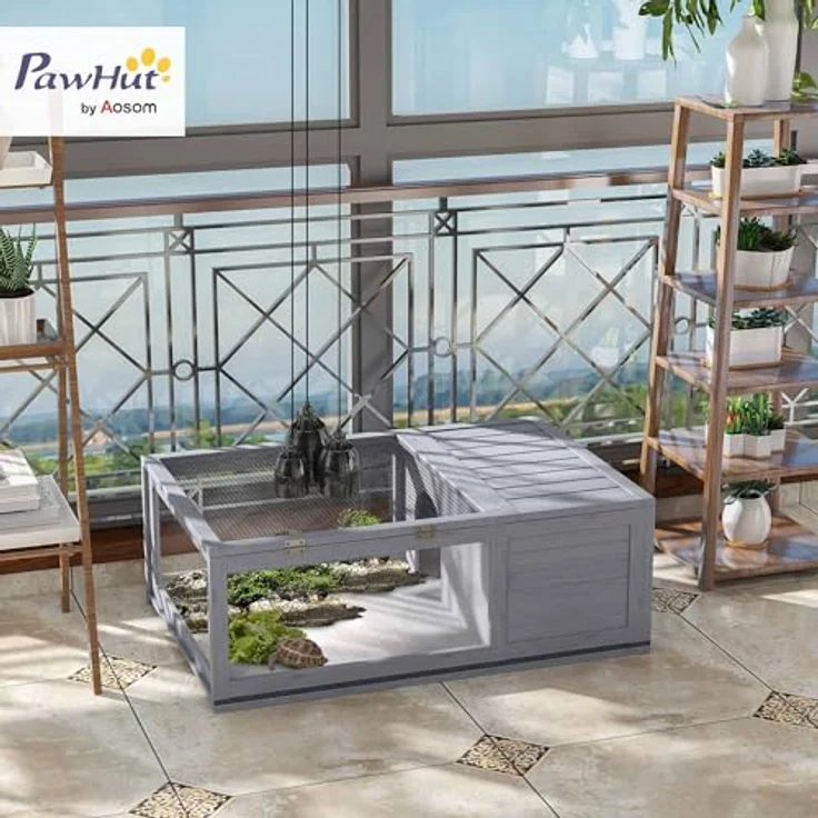 PawHut Schildkrötenhaus aus Holz, großzügiges Outdoor-Reptiliengehege mit aufklappbarer Oberseite und drei großen Fenstern, grau – Bild 2