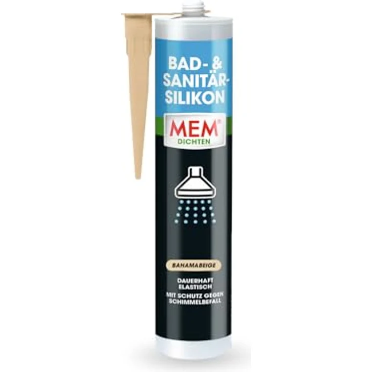 MEM Bad- & Sanitär-Silikon, Dauerhaft elastischer Dichtstoff mit Schimmel-Schutz, Gebrauchsfertig, Lösemittelfrei, 300 ml, Bahamabeige – Bild 1