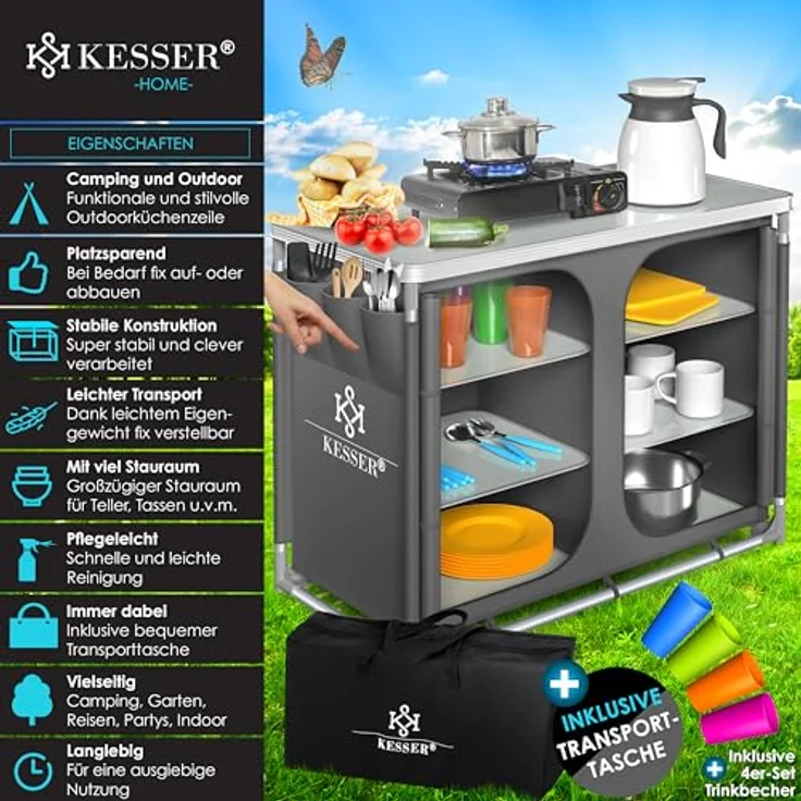 KESSER® Campingküche | Ink. Tragetasche | Campingschrank | mit Aluminiumgestell | Reiseküche | Küchenbox | Zeltschrank | Outdoor Camping Küche | Modelle wählbar Grau – Bild 2