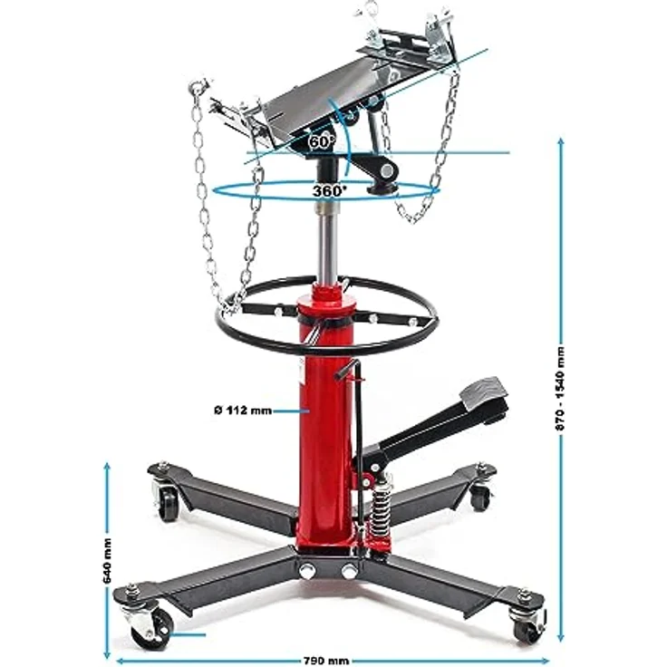 Wiltec Mobiler Getriebeheber, hydraulisch 500 kg, Hubhöhe 87-179 cm, mit 4 Laufrollen und Halteplatte, ideal für Kfz und Lkw – Bild 4