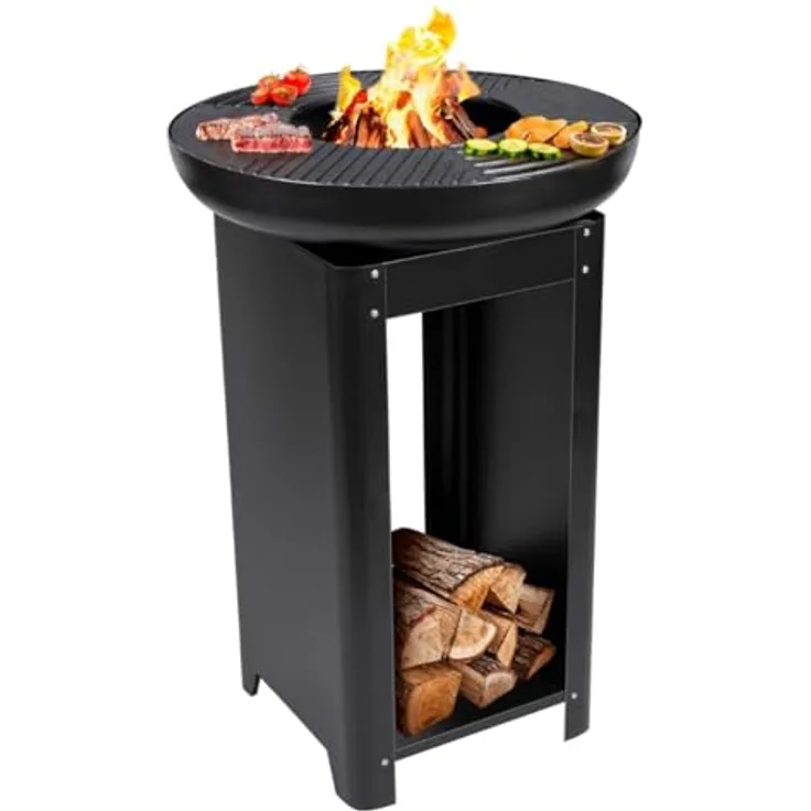 Arti Casa alpina 3-in-1 Feuerstelle und Grillplatte, Gartenkamin 61 x 90 cm mit Teppanyaki-Grillplatte und Brennholzaufbewahrung, Metall