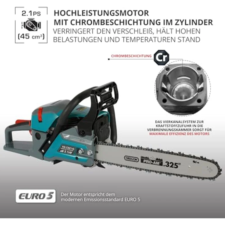 Könner & Söhnen Benzin-Kettensäge KS CS21G-16-1, 1,6 kW, 45 cm³, Schwertlänge 40 cm, Easy-Start-System, hohe Sicherheit, Anti-Vibrations-System – Bild 5