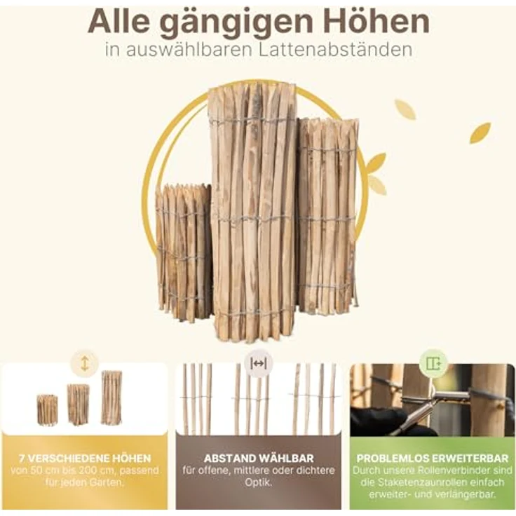STILTREU Französischer Premium Staketenzaun Kastanie, 5 Meter lang, 50 cm hoch, Lattenabstand 6-7 cm, witterungsbeständig und pflegeleicht – Bild 4