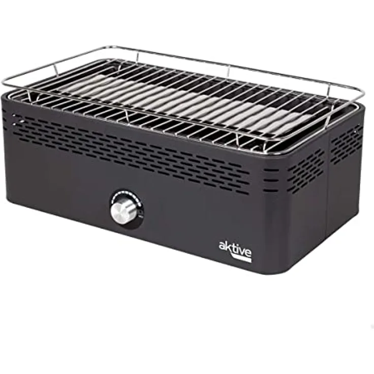 Aktive 63004 - Tragbarer Holzkohlegrill, wiederaufladbar, rauchfrei, schwarz, rechteckig, auslaufsicher, inklusive Transporttasche, Grill für Terrasse, Balkon, 45 x 28 x 19 cm