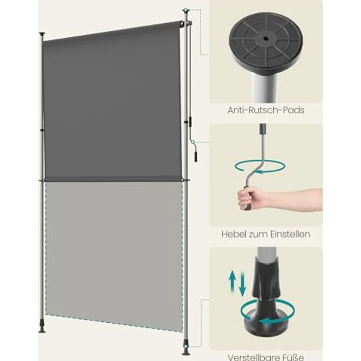 SONGMICS Senkrechtmarkise GSA0020G01, höhenverstellbar 200 x (220-300) cm, kein Bohren, UV-Schutz UPF 50+, Sichtschutz, anthrazitgrau – Bild 5